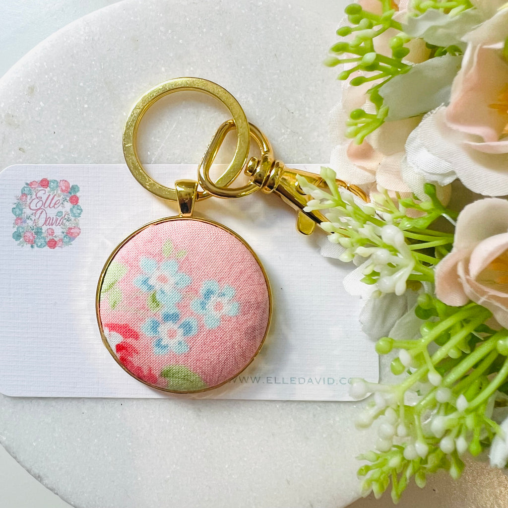 Pale Pink Lecien Fabric Floral Keyring with Gold Fittings and Clasp