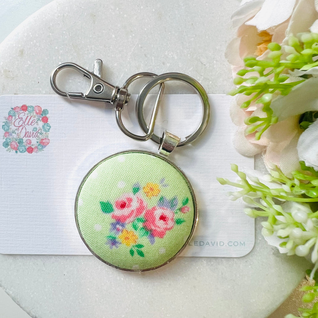Pale Green Lecien Sugar Flower Floral Keyring with Silver Fittings and Clasp