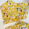 Size 0 (which suits a 6 to 12 month old baby, approximately 7 to 9 kg in weight) Retro Bright Yellow and Mustard Floral Cotton Three Row Ruffle Bum Nappy Diaper Cover & Matching Bandana Bib with Snap Clips. Handmade in Sydney Australia by Elle David